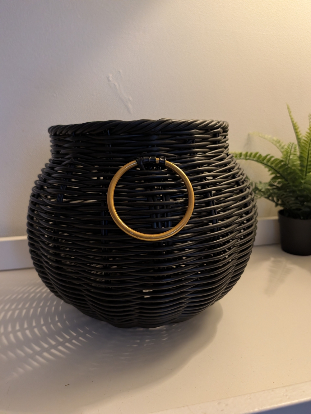 Black Woven Decorative Cauldron Basket with Gold Ring Accent